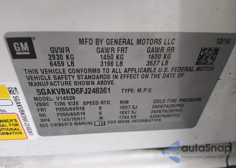 2015 Buick Enclave Leather z USA, uszkodzony, nr VIN 5GAKVBKD6FJ248361